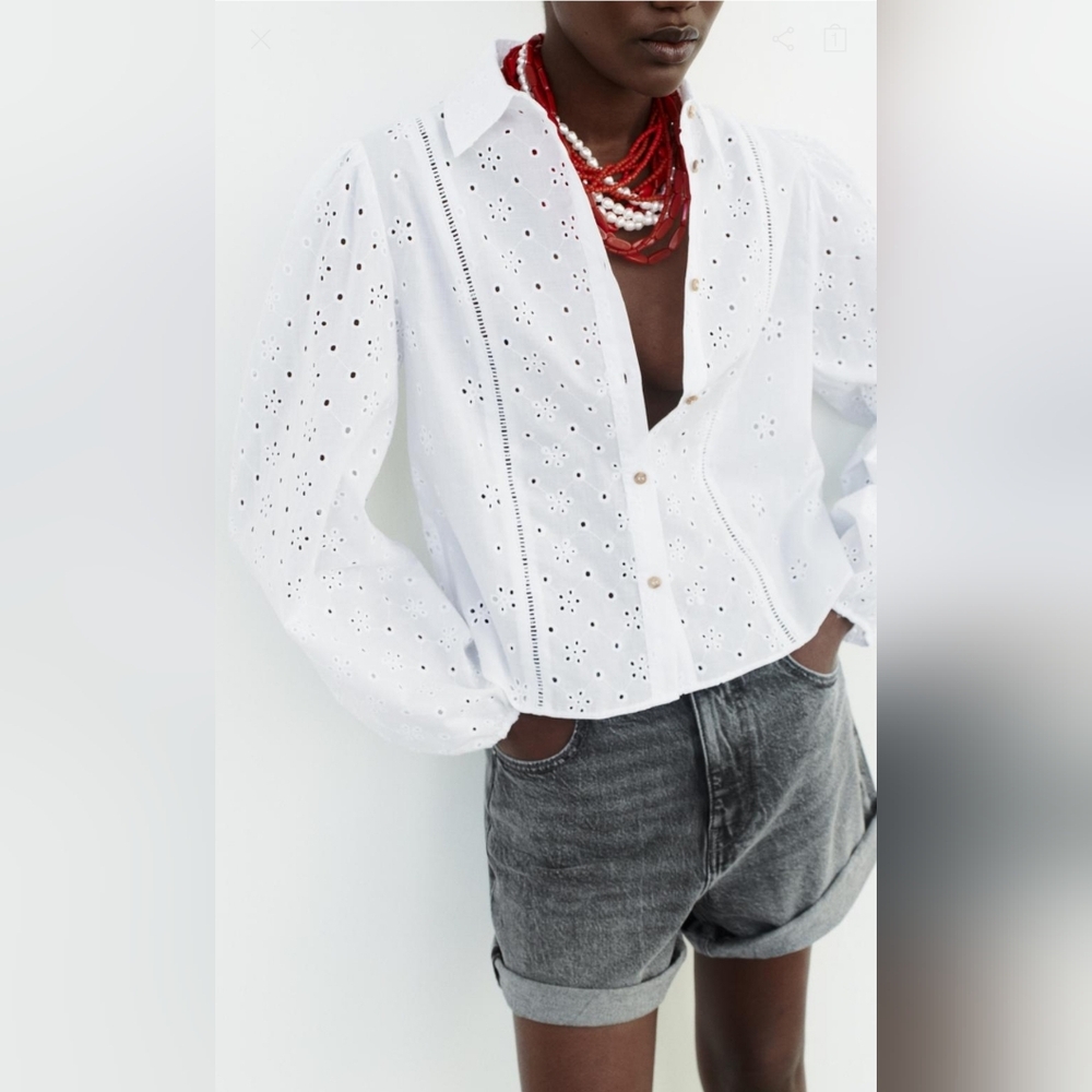 New 🤍Zara OPENWORK EMBROIDERY SHIRTWhite Sz Small 3353/358 Long SLEEVE Cotton